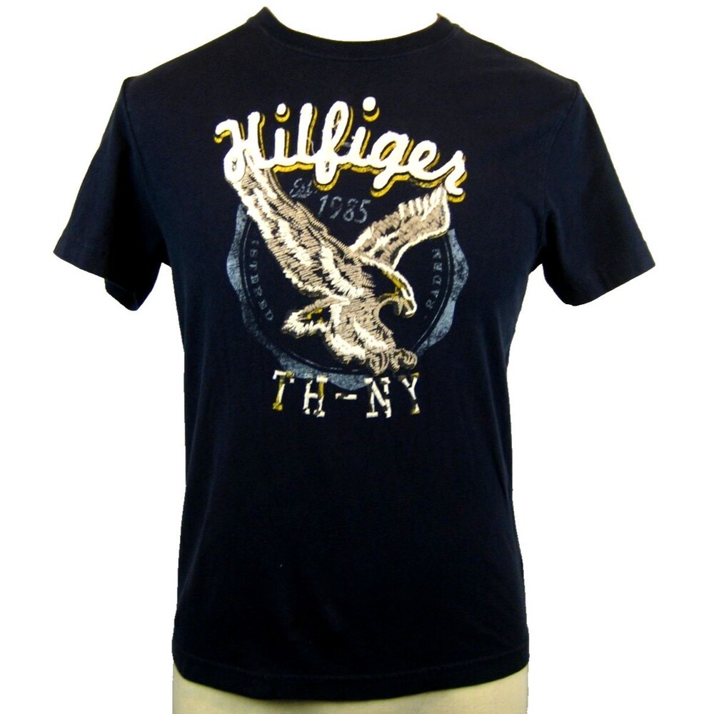 Mens Tommy Hilfiger Navy SS Cotton Embroidery Spellout Casual T- Shirt sz XS